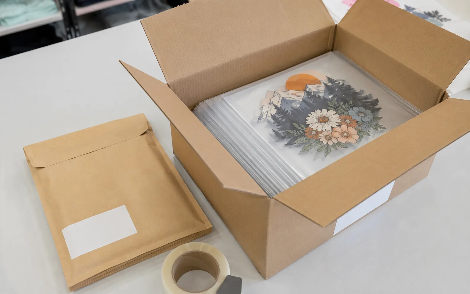 A boxed bulk DTF transfer order ready to ship