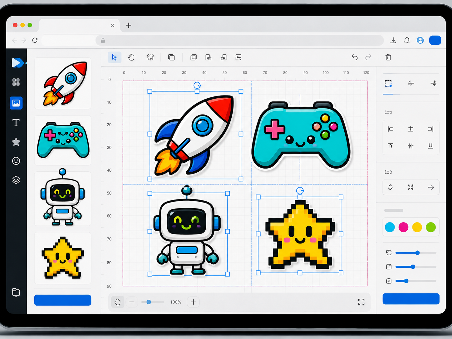 Builder canvas — designs arranged on the sheet (screenshot)