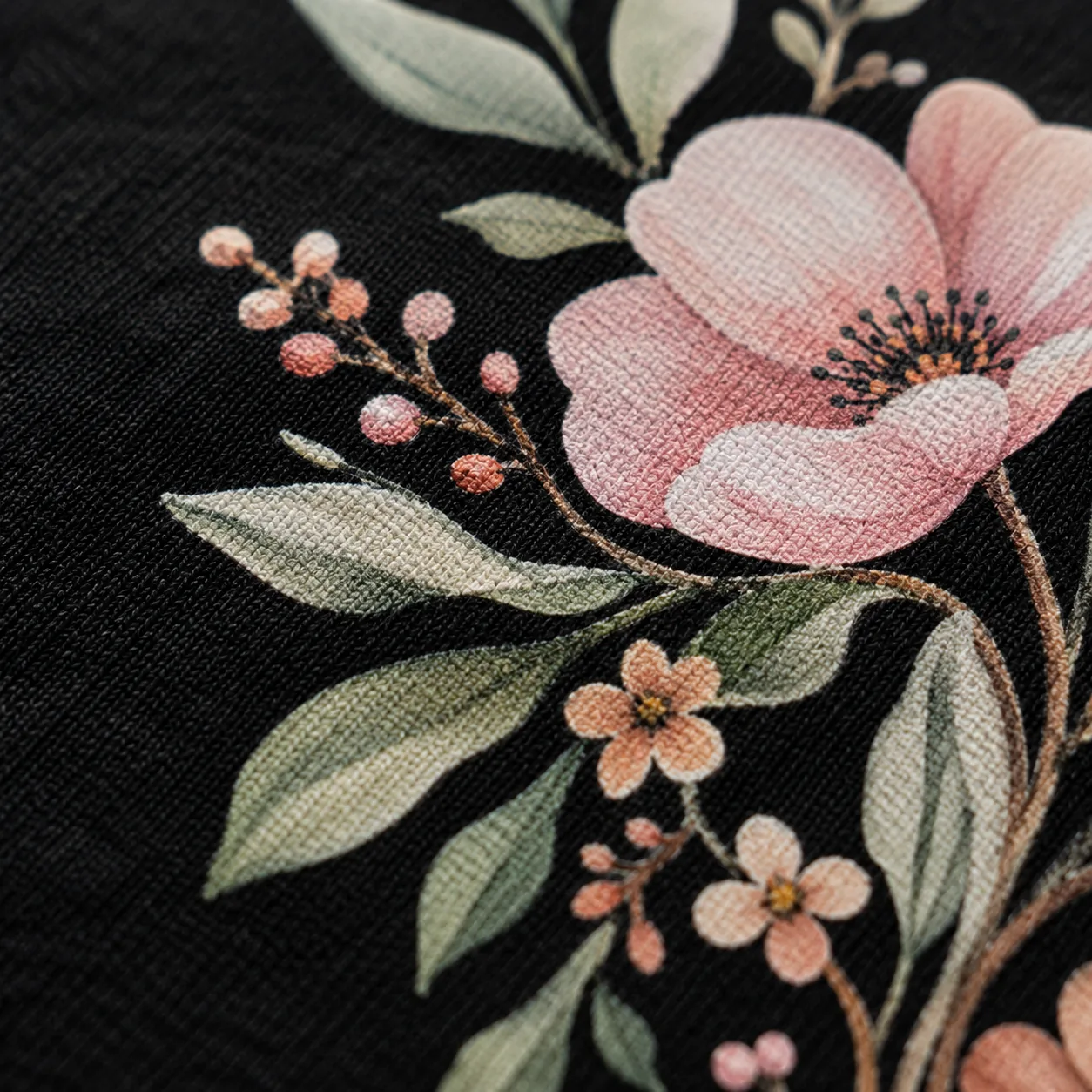 Macro detail of a vivid DTF print on dark fabric