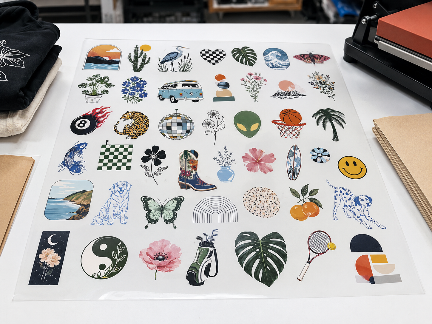 Finished print-ready gang sheet laid flat with designs arranged