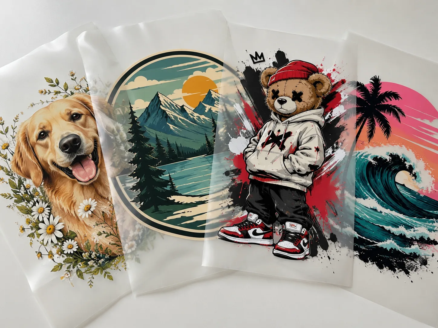 Full-color DTF transfers fanned out, each with a different design