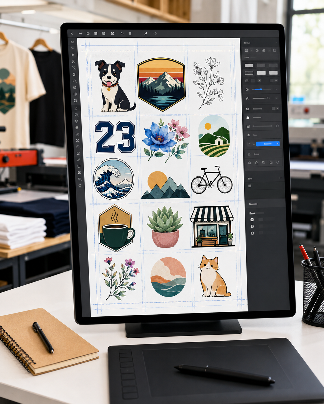 Gang sheet builder canvas with many placed designs