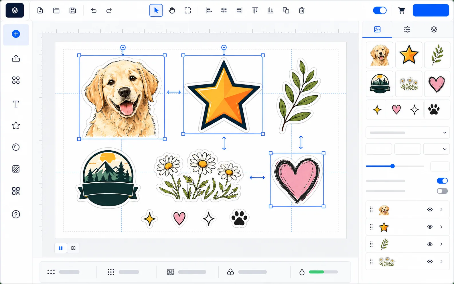 The online gang sheet builder open in a browser with designs arranged