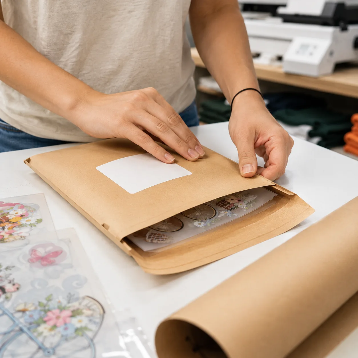 Hands sealing a labeled kraft envelope with a DTF order