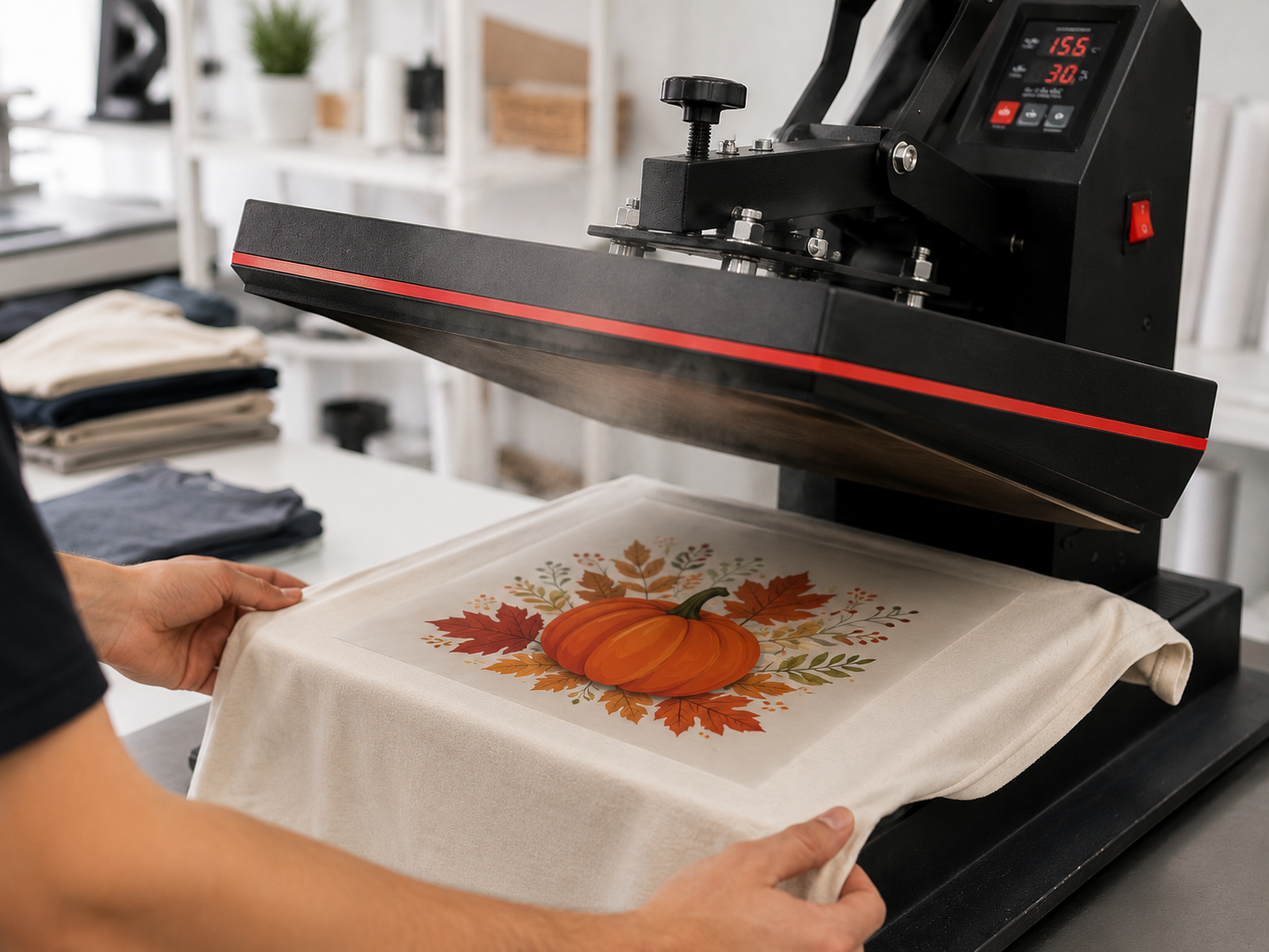 Heat press applying a sized transfer