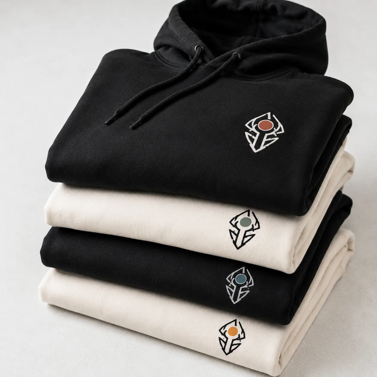 A stack of pressed hoodies with a printed design
