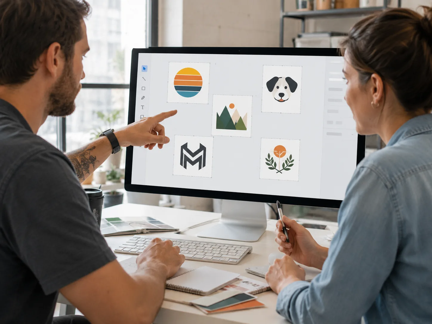 Two people reviewing separate design files on screen and planning the sheet layout