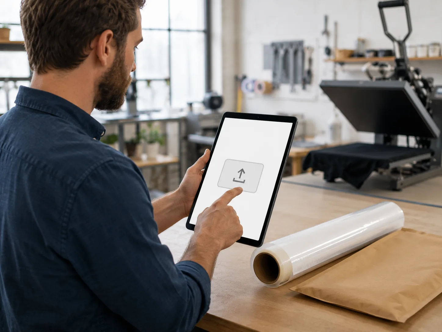 Buyer uploading a finished gang sheet file from a tablet at the counter