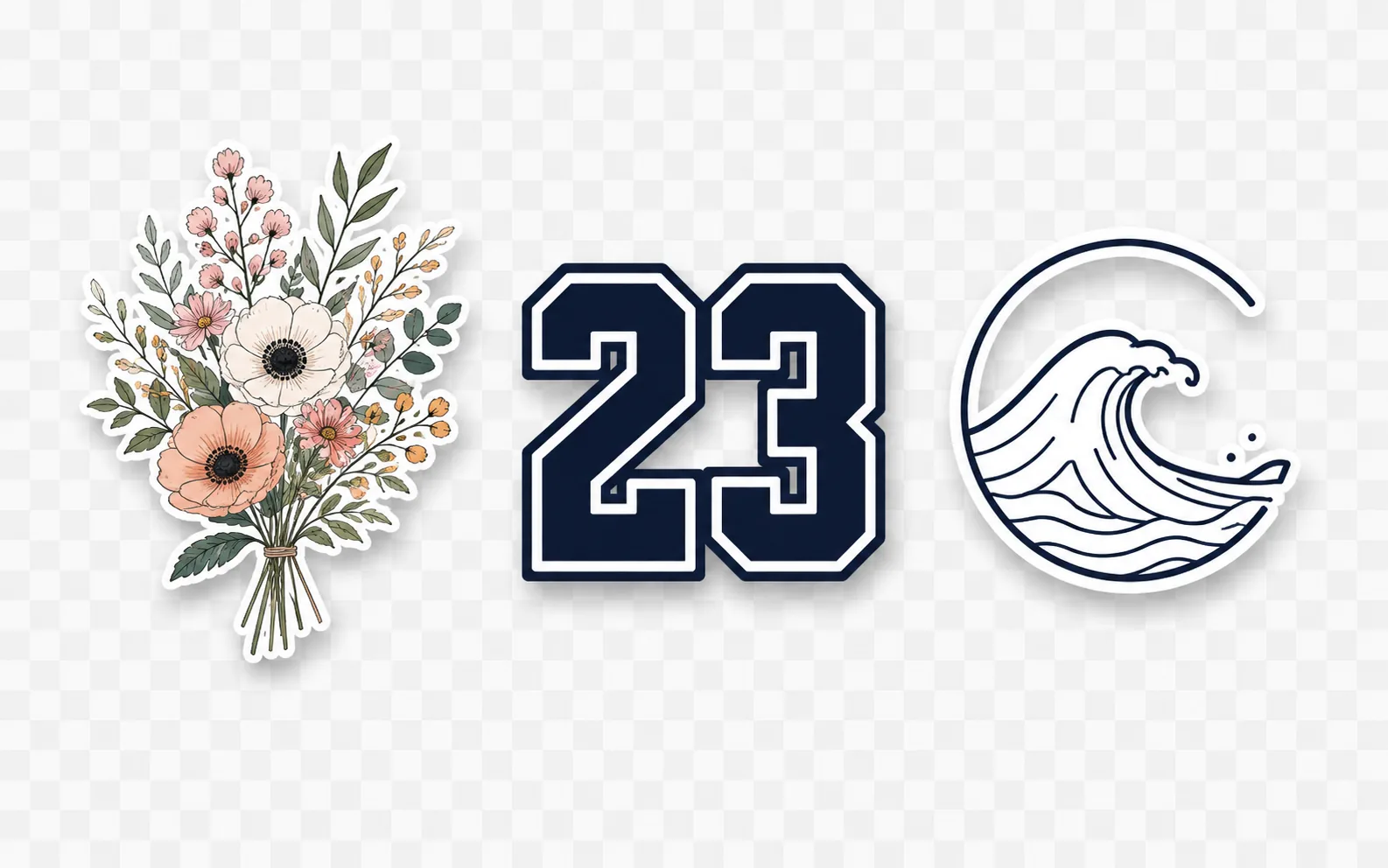 Three design graphics with clean transparent backgrounds ready to upload